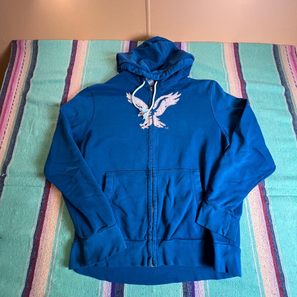 American Eagle Hoodie Mens L Blue Full Zip Classic Fit Logo Y2K Skater BB49